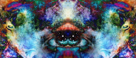 Naklejka premium psychedelic eyes on multicolor abstract backgroung with ornamental pattern.