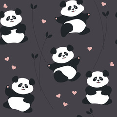 Seamless pattern with cute panda, hearts and plants