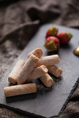 Strawberry cut snack filling strawberry cream decorated with fresh strawberry fruit