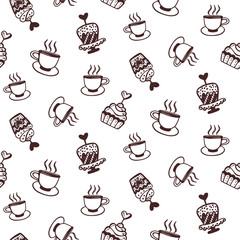 Seamless pattern with cakes and coffee cups