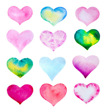 set of watercolor multi color hearts isolated on white.