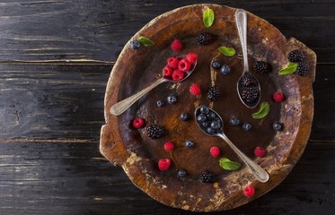 fresh ripe berries raspberries blackberries and blueberries, top view