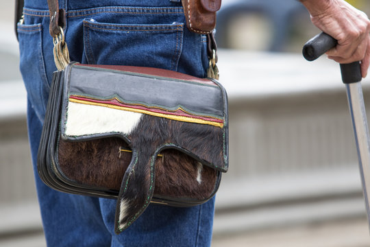 traditional Colombian mans leather shoulder bag called carriel characteristic to the Antioquia region