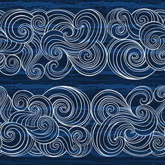 Seamless pattern with waves on the texture background. Sea vector background.
