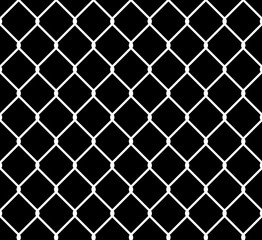 Wired steel fence seamless texture overlay. Metallic wire mesh isolated on black background. Stylized vector pattern.