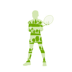 Tennis player woman abstract illustration made of tree fragments