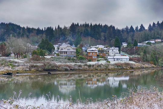ice fog along the Columbia river from the Astoria Oregon river walk in the Alderbrook neighborhood © westwindgraphics