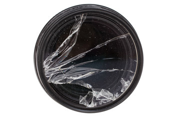 Broken DSLR camera lens filter glass, isolated on white