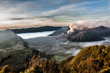 Sunrise at erupting mount Bromo, East Java, Indonesia.