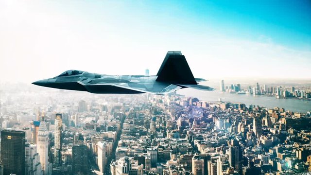F-22 Fighter Jet, flying over city