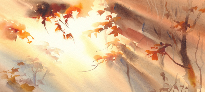 sun rays in the golden forest watercolor