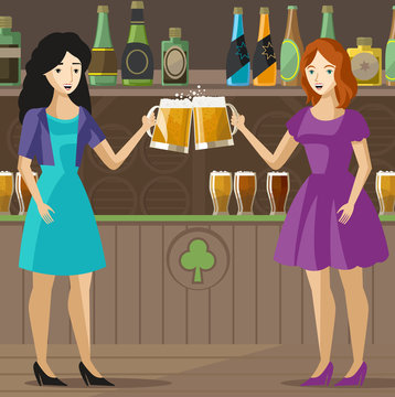 two girls toasting with craft beer on irish pub