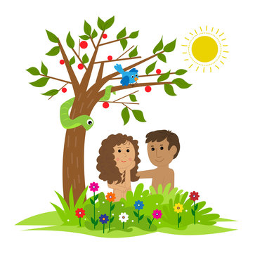 Adam and Eve - Cute clip art of Adam and Eve sitting under a tree in the  garden of Eden. Eps10 Stock Vector | Adobe Stock