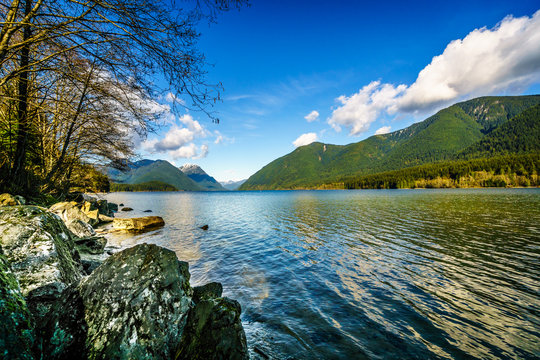 Alouette Lake in Golden Ears Provincial Park in British Columbia, Canada under partly Blue Skies