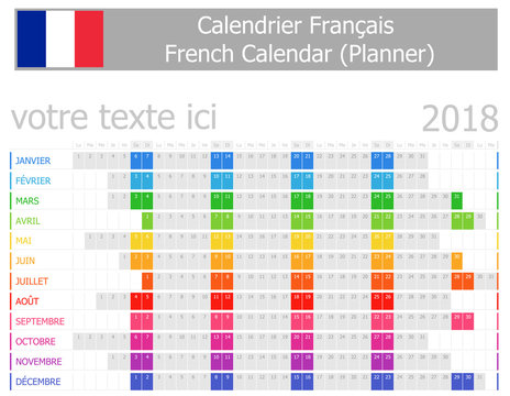 2018 French Planner Calendar with Horizontal Months on white background