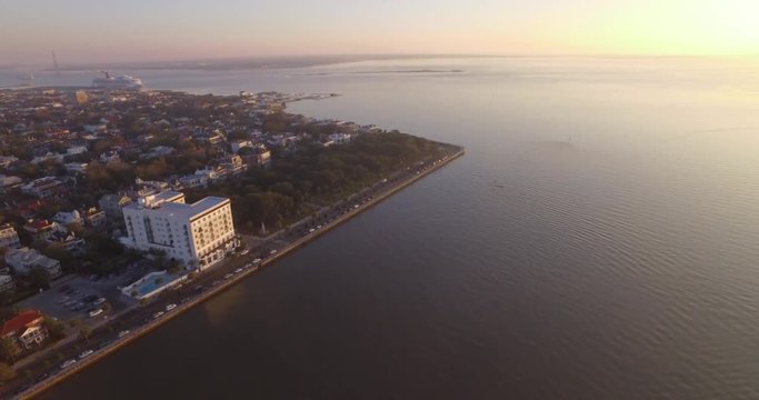 Aerial View of the Charleston Battery and Downtown at Sunrise along East Bay Street