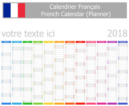 2018 French Planner Calendar with Vertical Months on white background