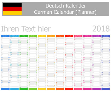 2018 German Planner Calendar with Vertical Months on white background