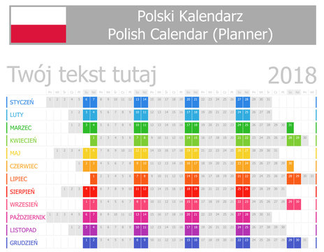 2018 Polish Planner Calendar with Horizontal Months on white background