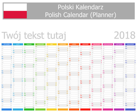 2018 Polish Planner Calendar with Vertical Months on white background