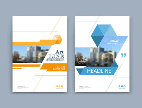 Abstract a4 brochure cover design. Info banner text frame. Urban city view font. Title sheet model set. Modern vector front page. Brand logo texture. Orange, blue triangle image icon. Ad flyer fiber