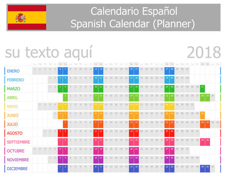 2018 Spanish Planner Calendar with Horizontal Months on white background