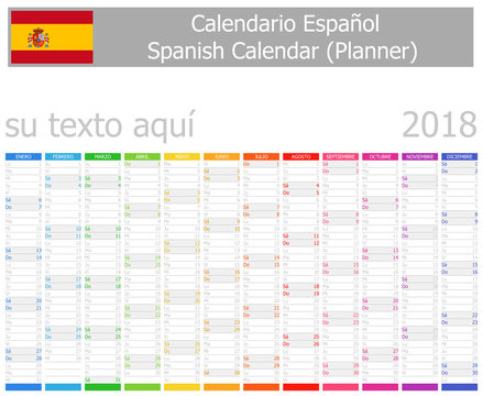 2018 Spanish Planner Calendar with Vertical Months on white background