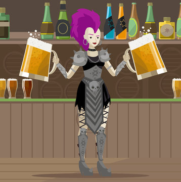 heavy metal punk girl with two beers