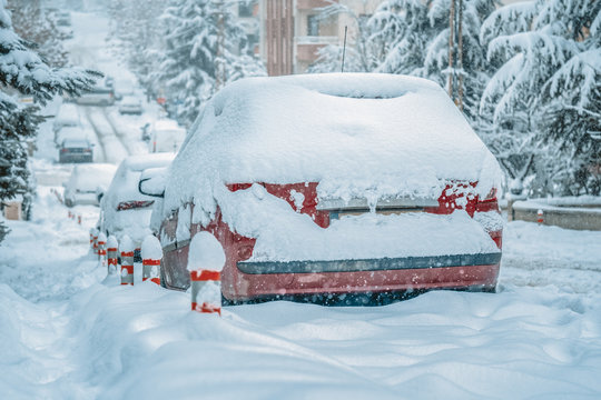 snowbound cars on street under heavy snow