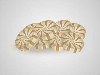 Hill round caramel candy in the center on a white-gray background, vector illustration