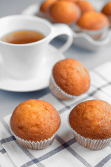 Fresh cakes and tea on a light background closeup