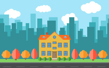 Vector city with cartoon houses and buildings. City space with road on flat style background concept. Summer urban landscape. Street view with cityscape on a background
