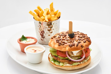 close up of kebab sandwich on white background..