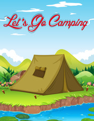Camping poster with tent by the river