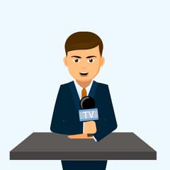 Speaker stands behind a podium with microphones makes  business report, marketing strategy. Presentation, reporting concept.