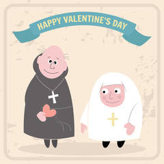 The monk gives a nun heart in Valentine's Day. Greeting card. Flat color design.