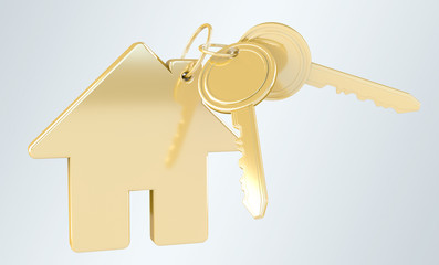 Gold key with house keyring 3D rendering