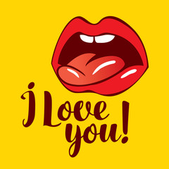 vector banner with inscription i love you with with an open human mouth and tongue