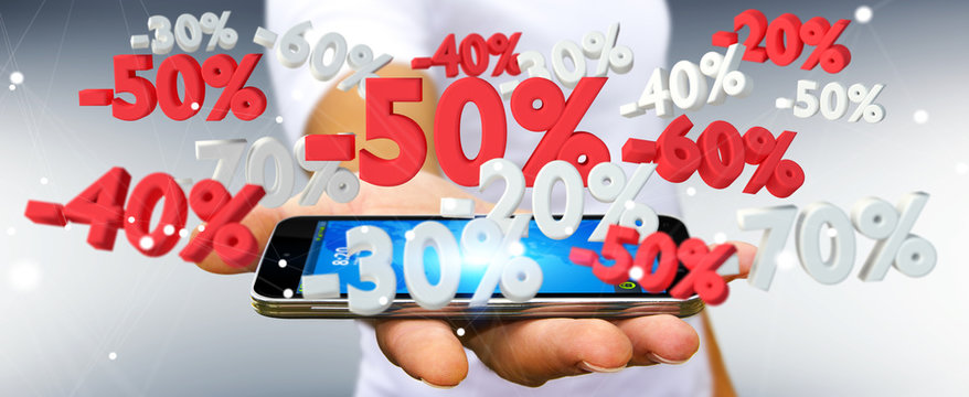 Businessman holding sales icons over phone 3D rendering