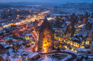 Night view of the Uchisar town. The cave city in Cappadocia. Turkey