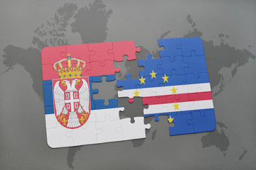 puzzle with the national flag of serbia and cape verde on a world map