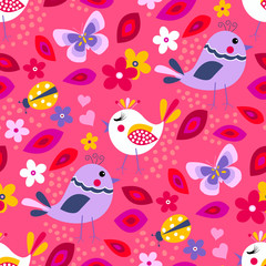 Cute birds seamless pattern with little flowers and butterfly, ladybug on a pink background.
