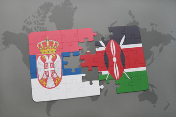 puzzle with the national flag of serbia and kenya on a world map