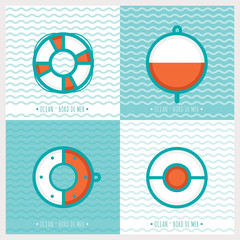 Picto ronds vectoriels sur l'univers de la mer, bouée de sauvetage, bouchon de pêche, hublot, bachi