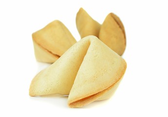 Close up of Chinese fortune cookies on a white background