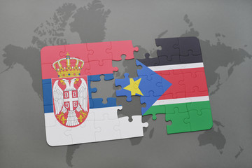 puzzle with the national flag of serbia and south sudan on a world map