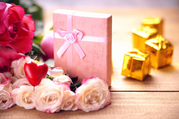 Roses, heart shape and gift boxes