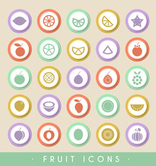 Set of 25 Fruit Icons on Circular Colored Buttons. Vector Isolated Elements.