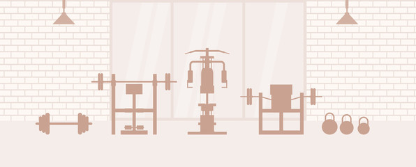 Fitness gym interior template with sports equipments and elliptical trainers, . Fitness concept with sport Club in flat style.