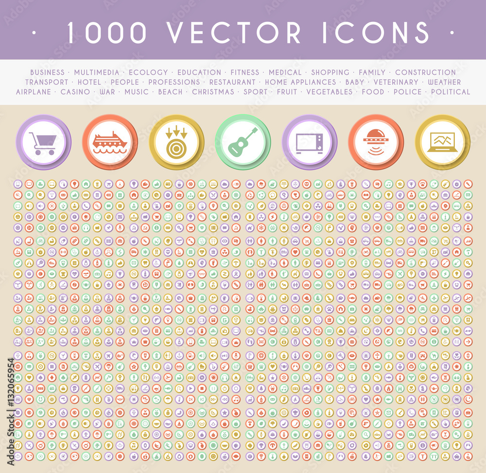 Poster set of 1000 icons on circular color buttons. vector isolated elements.